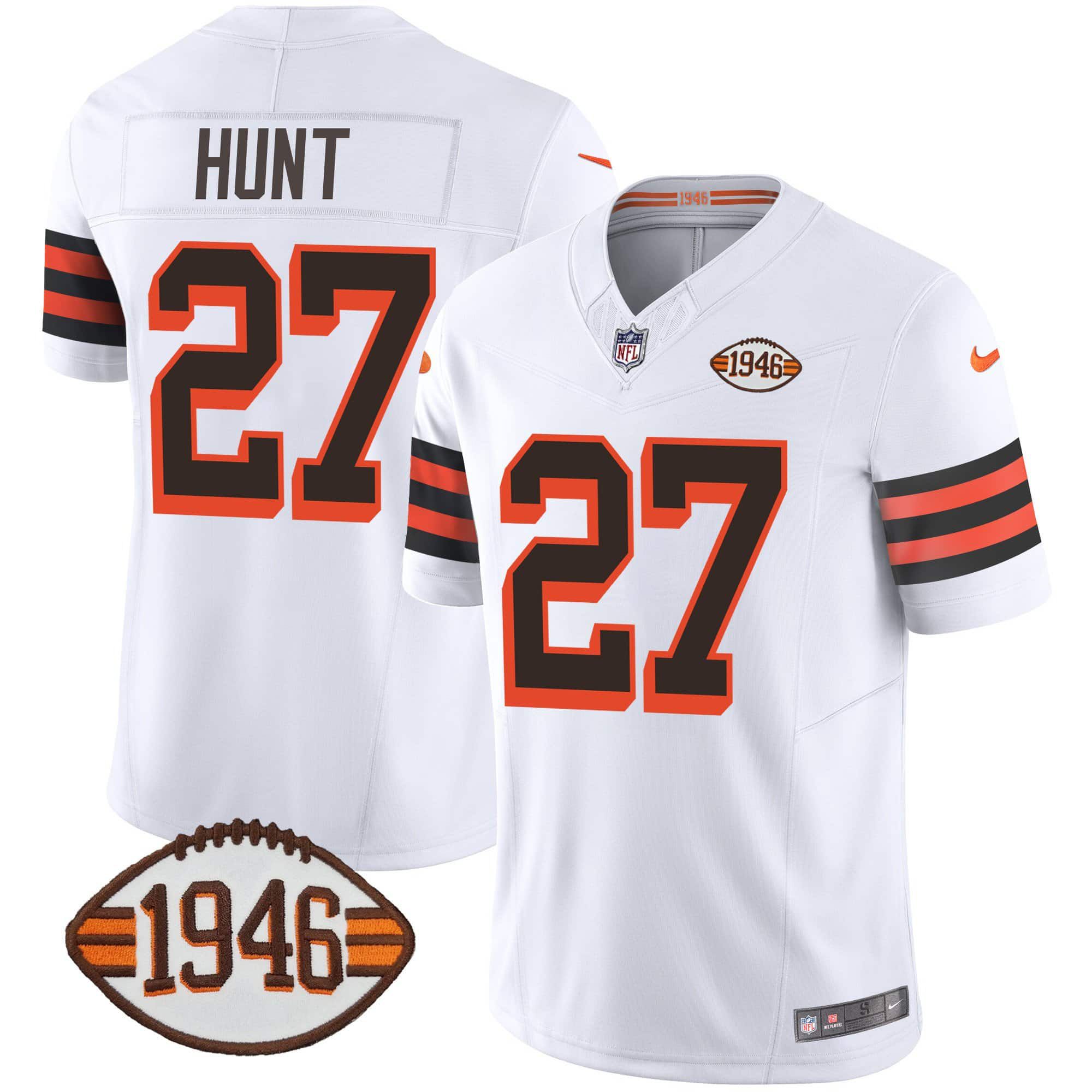 Men Cleveland Browns 27 Hunt White 1946 75th Anniversary Patch 2024 Nike NFL Jersey